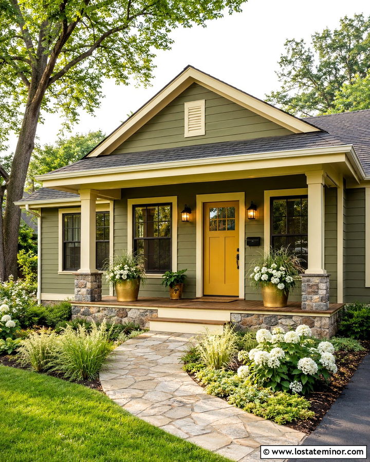 Olive Green Siding With Yellow Front Door - 30 Olive Green House Design With Siding Ideas