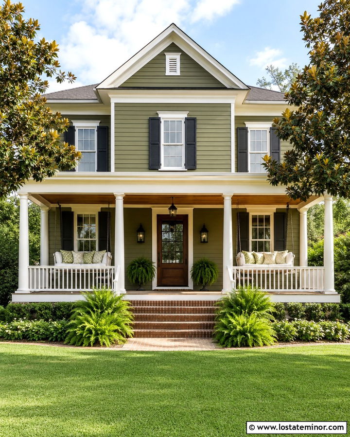 Olive Green Southern House With Double Daybed Swings - 30 Olive Green House Design With Daybed Ideas