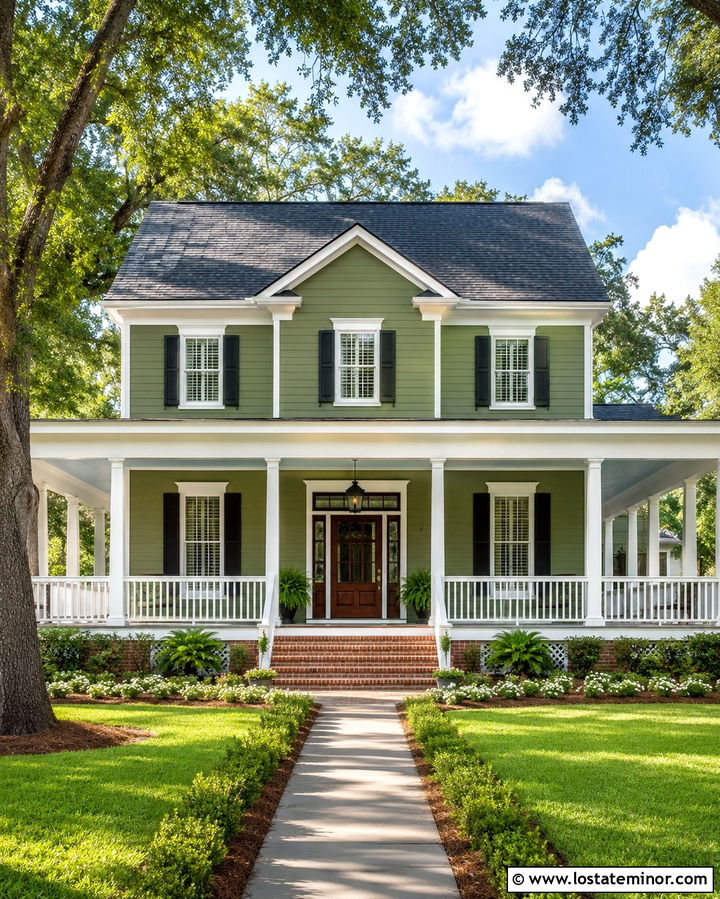 Olive Green Southern House With White Front Porch - 30 Olive Green House Design With Front Porch Ideas