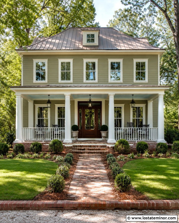 Olive Green Southern House With Wide Porch Columns - 30 Olive Green House Design With Porch Columns Ideas
