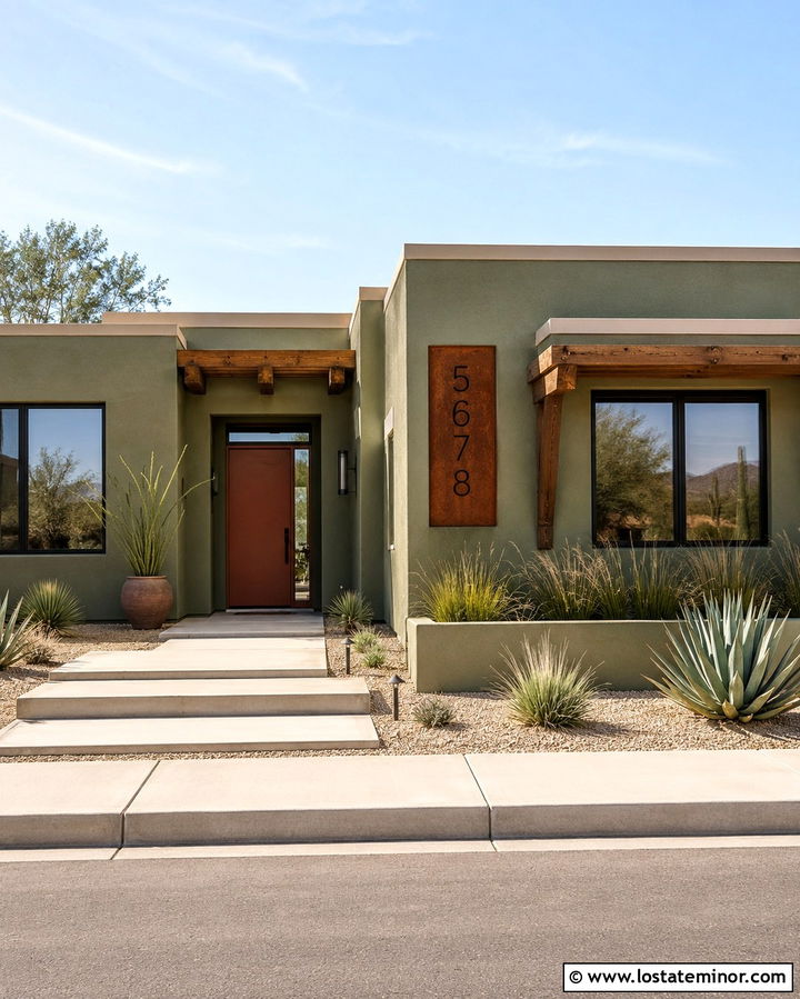 Olive Green Southwest House With Rust Steel Numbers - 30 Olive Green House Design With House Numbers Ideas
