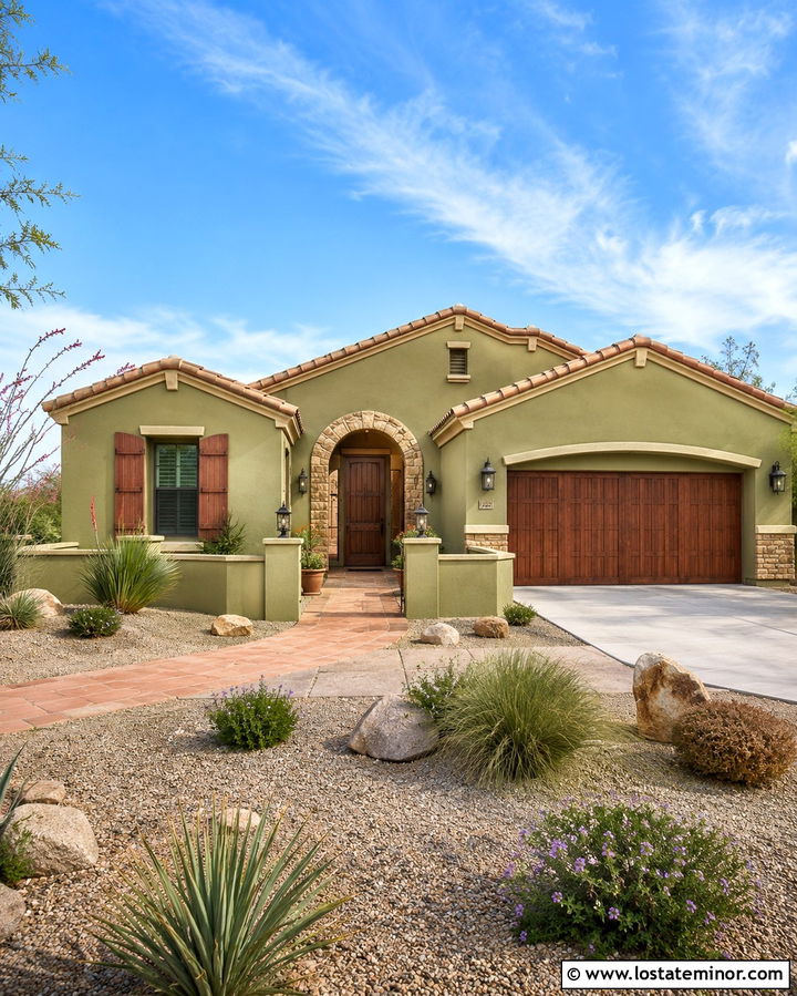 Olive Green Southwest House With Terracotta Shutters - 30 Olive Green House Design With Shutters Ideas