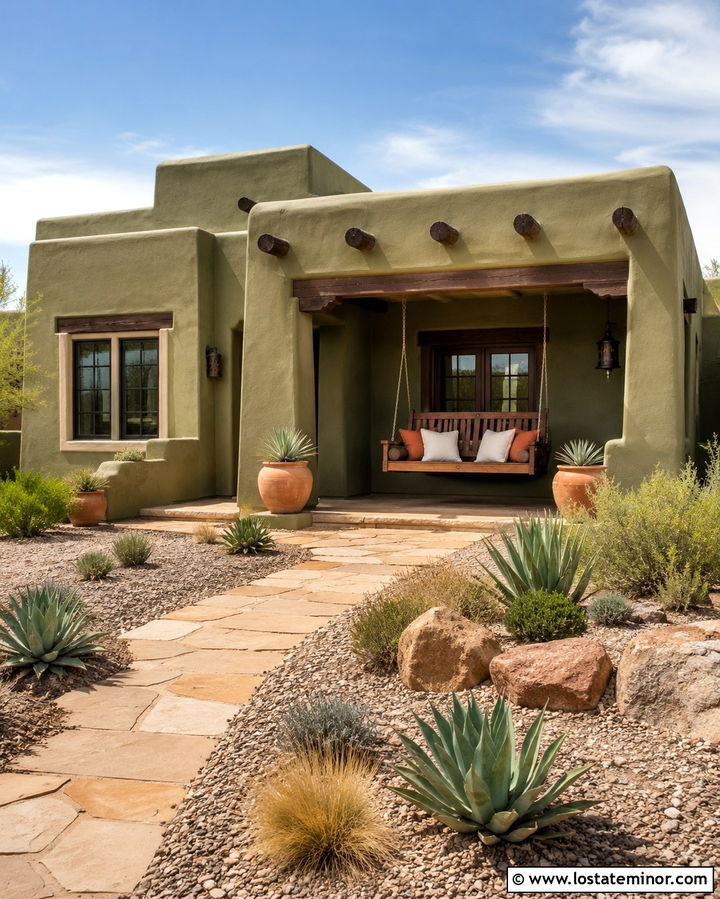 Olive Green Southwest House With Wooden Swing - 30 Olive Green House Design With Swing Ideas