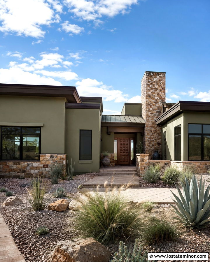 Olive Green Southwestern House With Desert Stone - 30 Olive Green House Design With Stone Accents Ideas