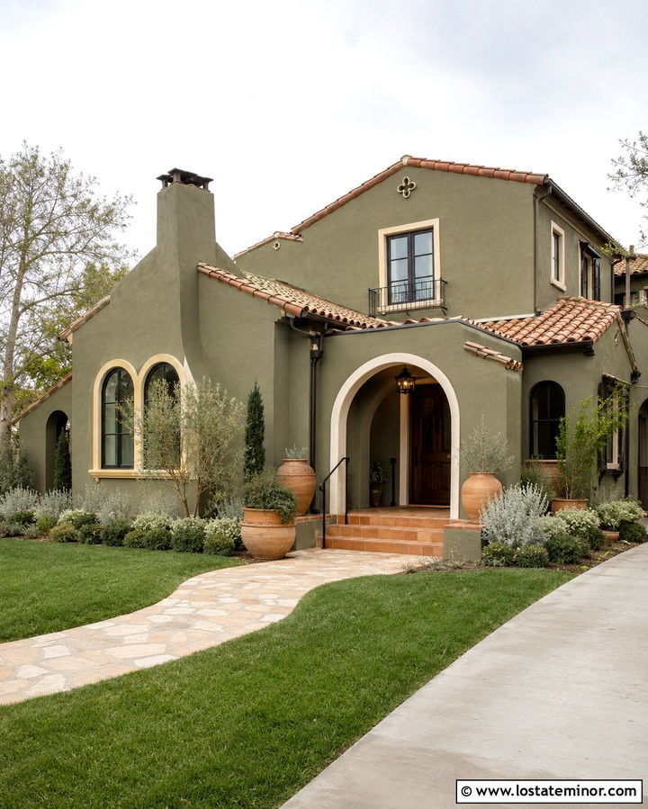 Olive Green Spanish House With Arched Front Porch - 30 Olive Green House Design With Front Porch Ideas