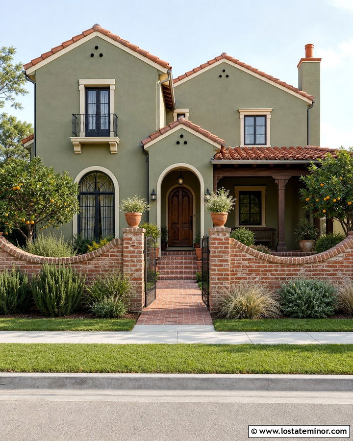 Olive Green Spanish House With Brick Courtyard - 30 Olive Green House Design With Brick Accents Ideas