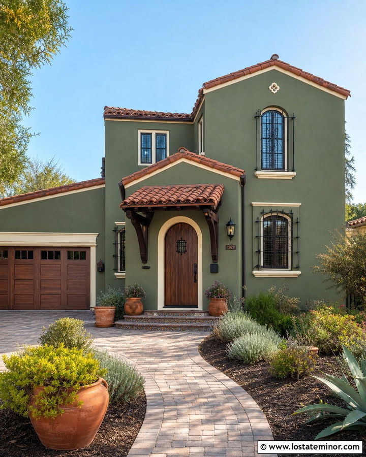 Olive Green Spanish House With Red Tile Awning - 30 Olive Green House Design With Awning Ideas