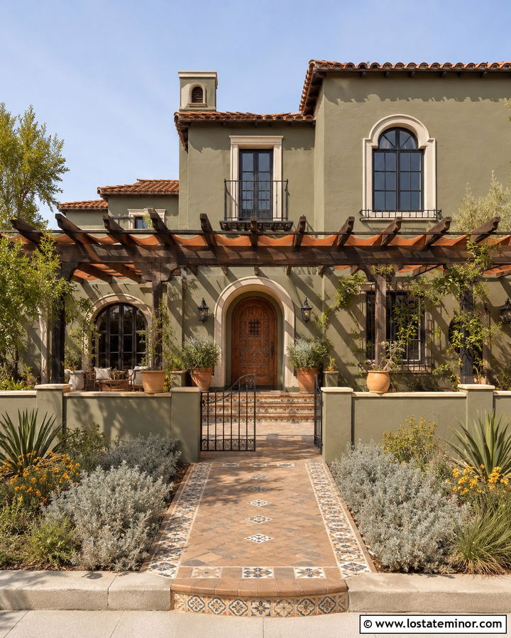 Olive Green Spanish House With Terracotta Pergola - 30 Olive Green House Design With Pergola Ideas