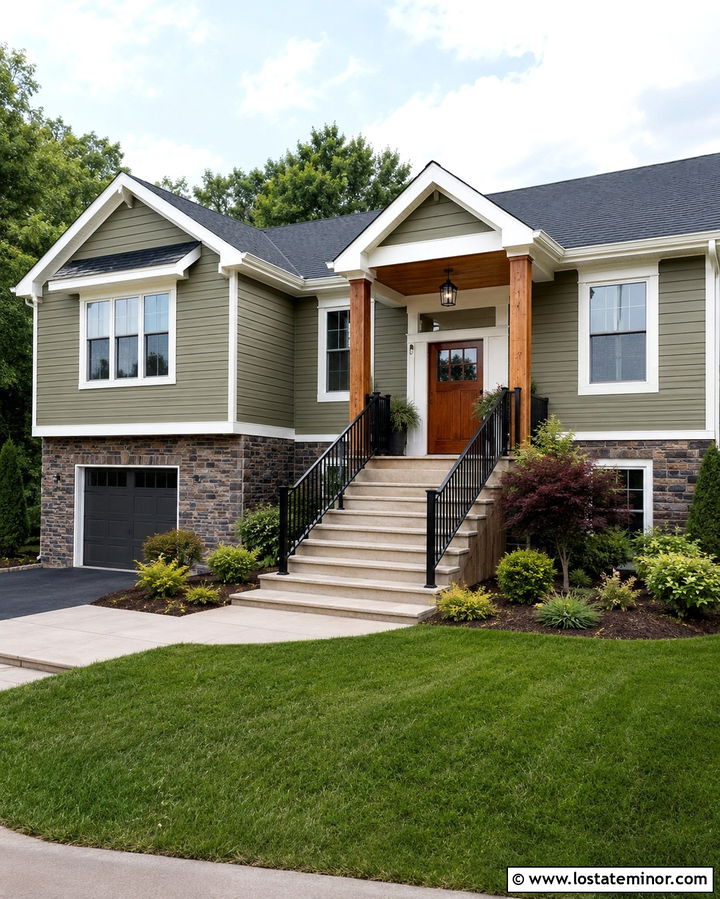 Olive Green Split Level House With Cedar Porch Columns - 30 Olive Green House Design With Front Porch Ideas