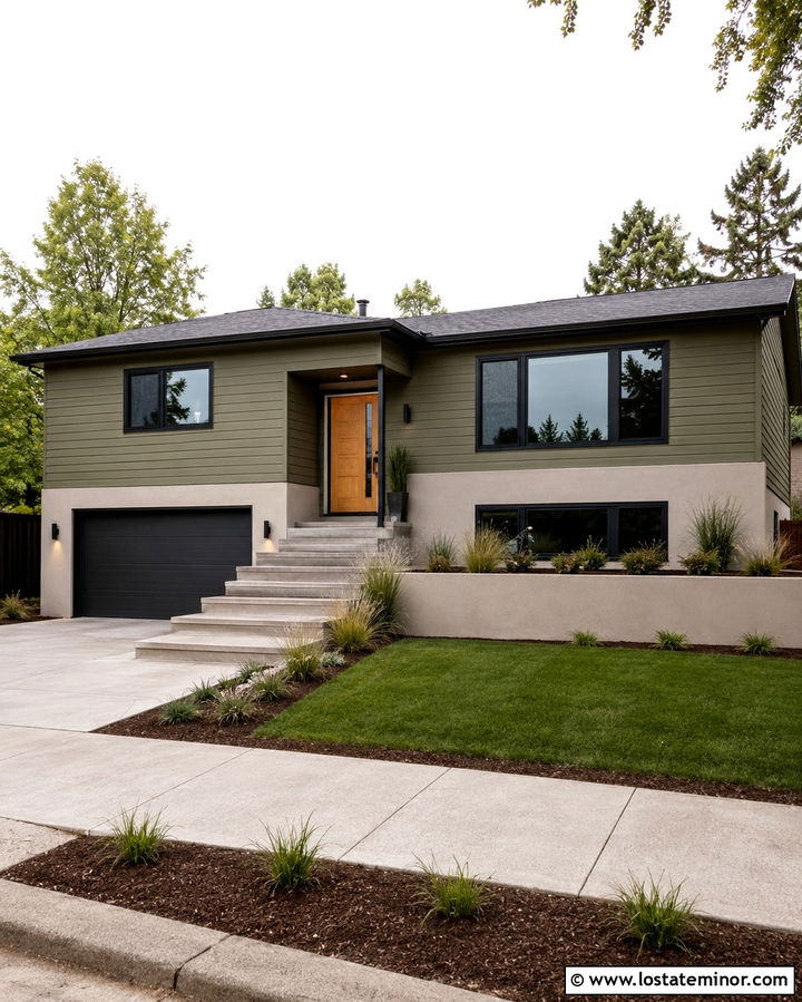 Olive Green Split Level House With Cylinder Lights - 30 Olive Green House Design With Light Fixtures Ideas