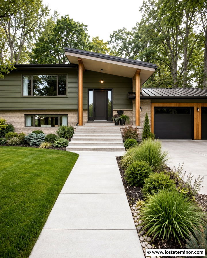 Olive Green Split Level House With Extended Portico - 30 Olive Green House Design With Portico Ideas