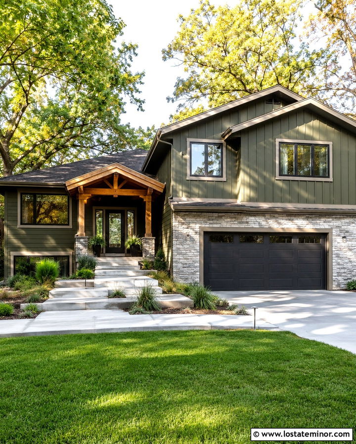 Olive Green Split Level Siding With Stone - 30 Olive Green House Design With Siding Ideas