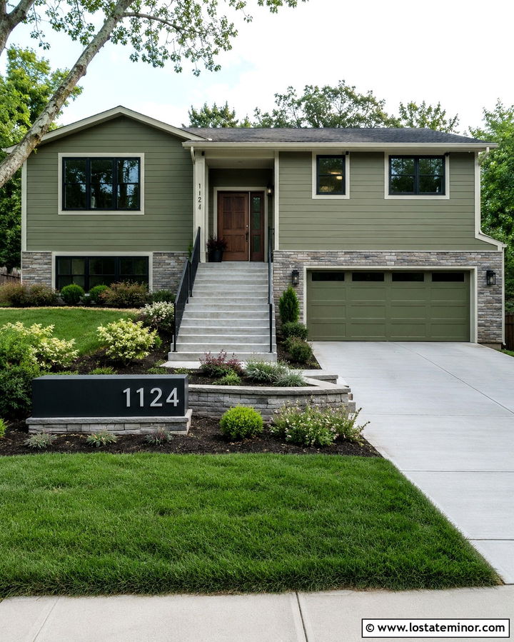 Olive Green Split Level With Black Mailbox Numbers - 30 Olive Green House Design With House Numbers Ideas
