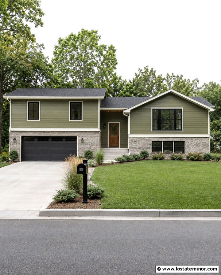 Olive Green Split Level With Black Post Mailbox - 30 Olive Green House Design With Mailbox Ideas