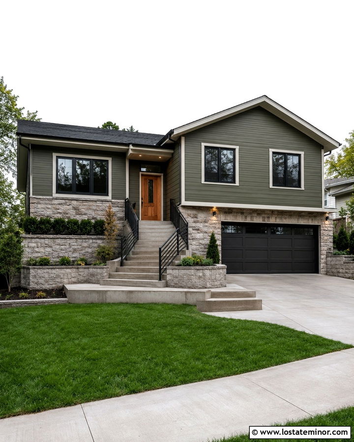 Olive Green Split Level With Black Railings - 30 Olive Green House Design With Railings Ideas