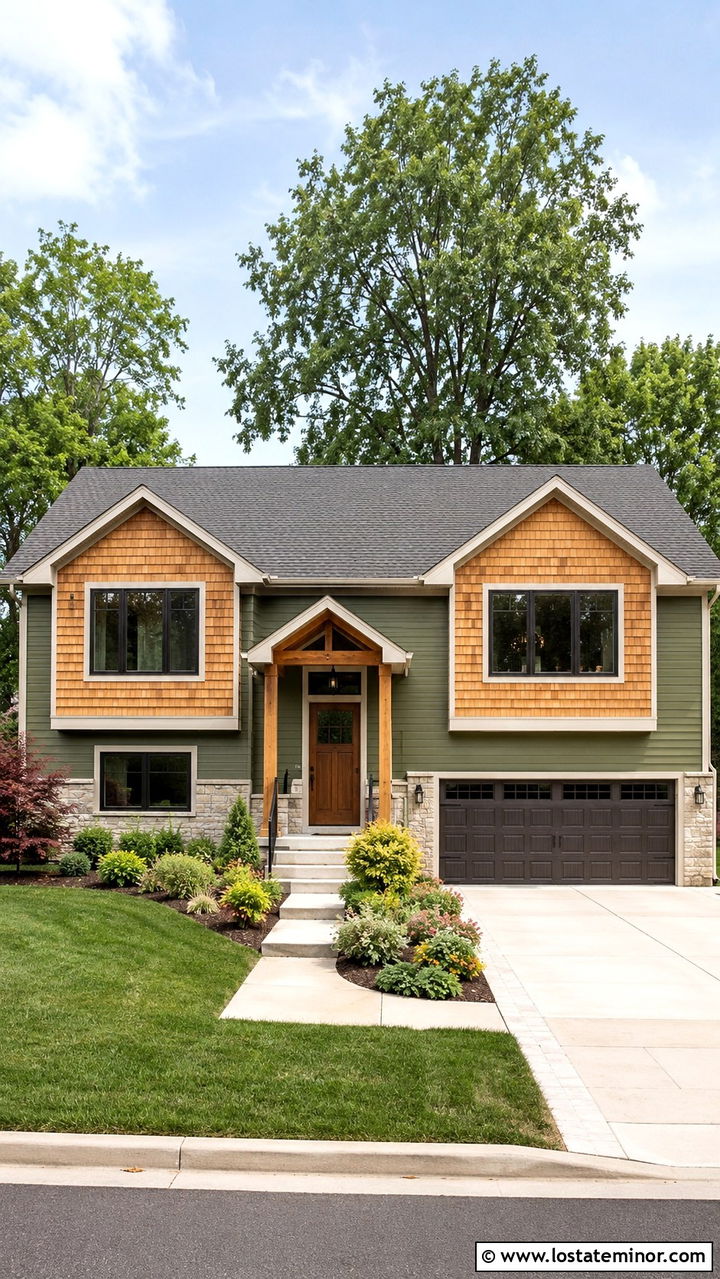 Olive Green Split Level With Cedar Shake Accents - 30 Olive Green House Design With Cedar Shake Ideas