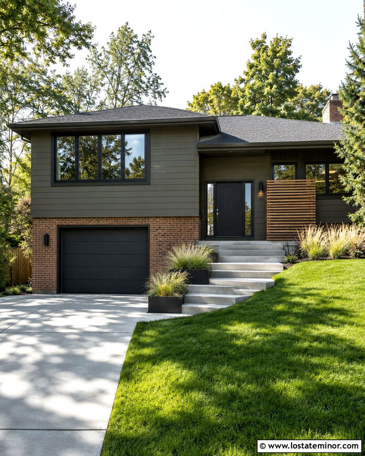 Olive Green Split Level With Charcoal Corner Windows - 30 Olive Green House Design With Window Frames Ideas