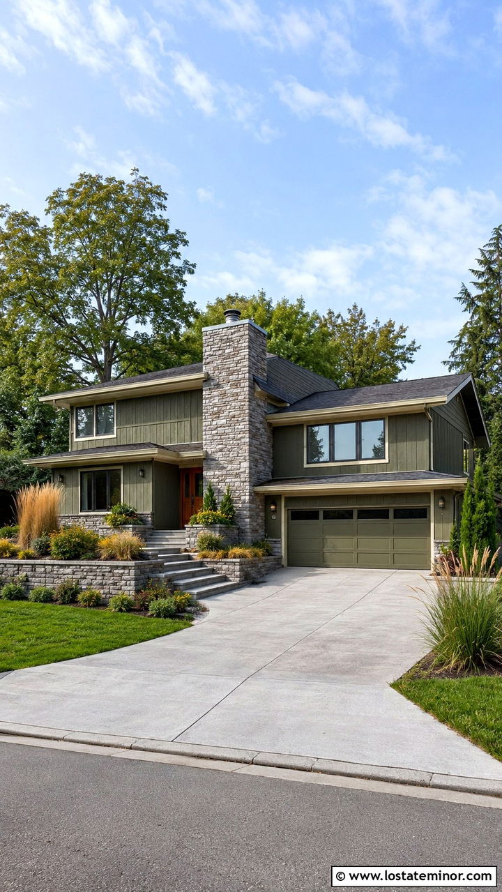 Olive Green Split Level With Exterior Chimney - 30 Olive Green House Design With Chimney Ideas