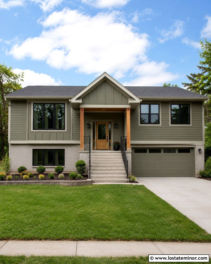 Olive Green Split Level With Gabled Entry - 30 Olive Green House Design With Gables Ideas