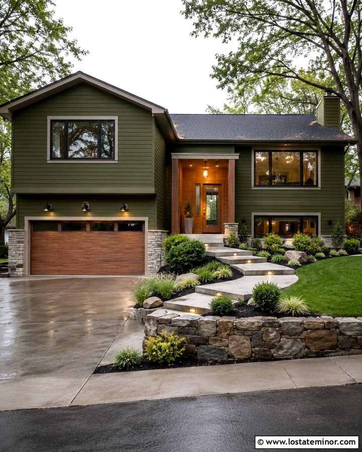 Olive Green Split Level With Garage Lighting - 30 Olive Green House Design With Lighting Ideas