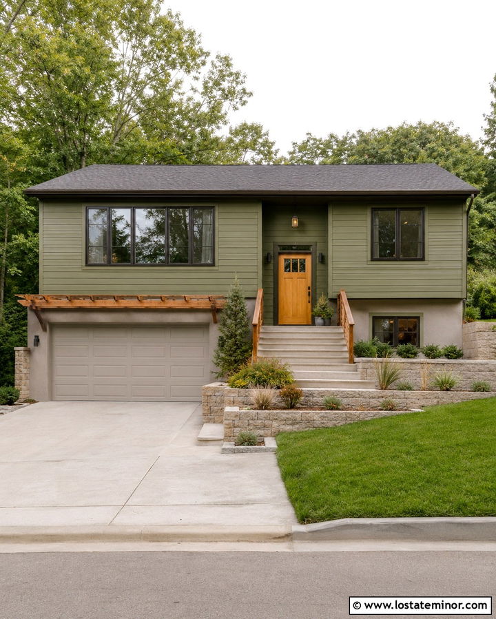 Olive Green Split Level With Garage Pergola - 30 Olive Green House Design With Pergola Ideas