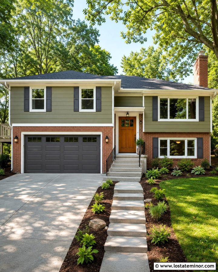 Olive Green Split Level With Gray Shutters - 30 Olive Green House Design With Shutters Ideas
