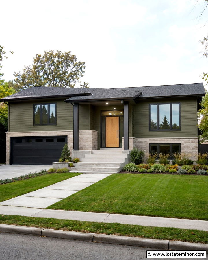 Olive Green Split Level With Modern Porch Columns - 30 Olive Green House Design With Porch Columns Ideas