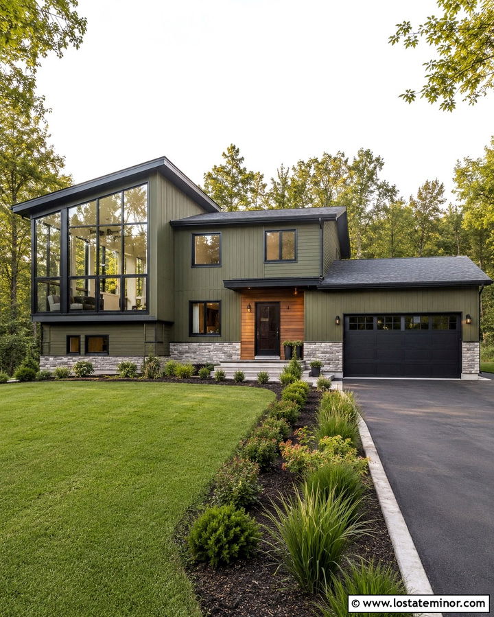 Olive Green Split Level With Modern Sunroom - 30 Olive Green House Design With Sunroom Ideas