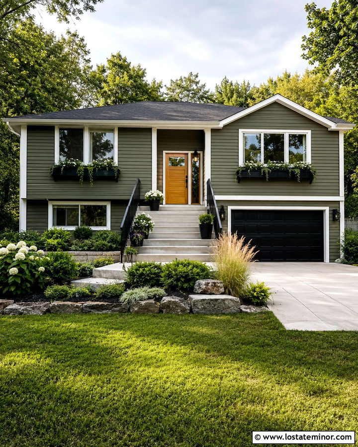 Olive Green Split Level With Modern Window Boxes - 30 Olive Green House Design With Window Boxes Ideas