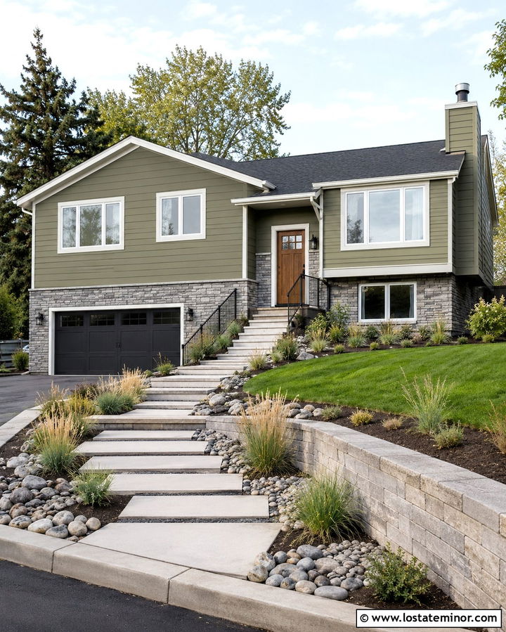 Olive Green Split Level With Paver Walkway - 30 Olive Green House Design With Walkway Ideas