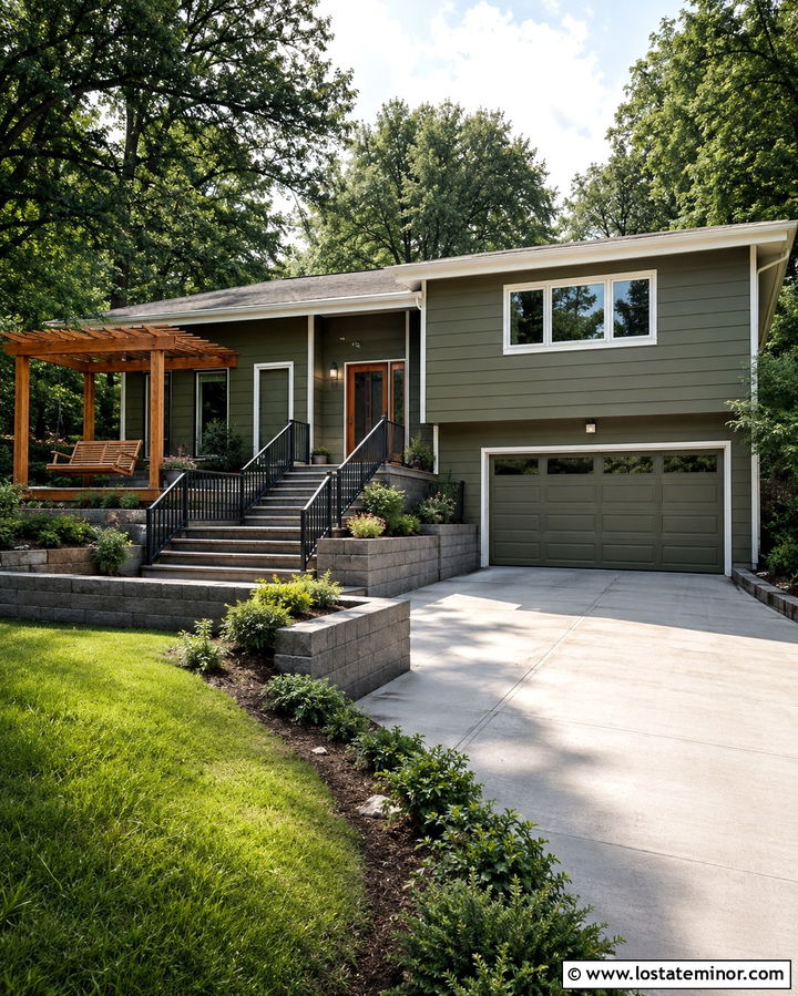 Olive Green Split Level With Pergola Swing - 30 Olive Green House Design With Swing Ideas