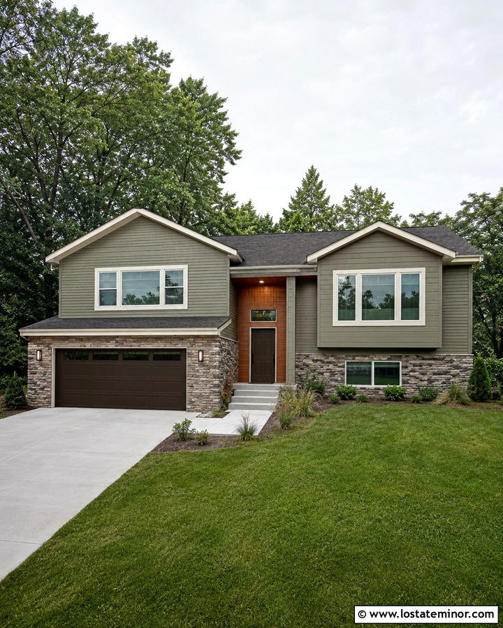 Olive Green Split Level With Stacked Stone Wainscoting - 30 Olive Green House Design With Wainscoting Ideas