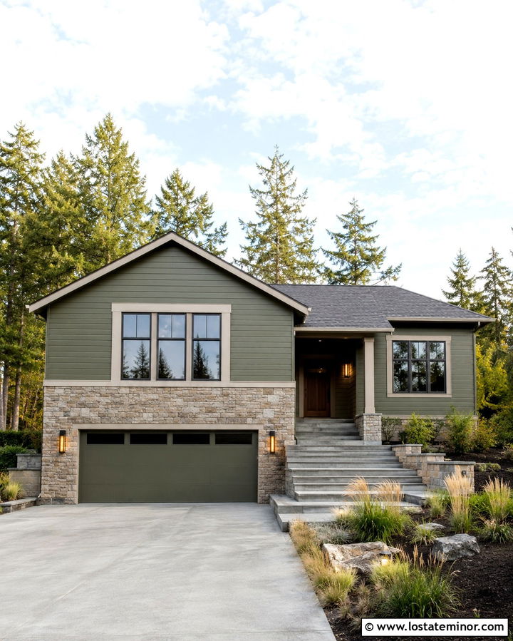 Olive Green Split Level With Stone Garage - 30 Olive Green House Design With Stone Accents Ideas