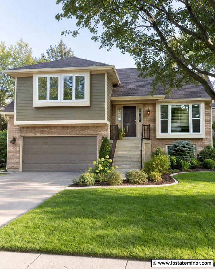 Olive Green Split Level With Tan Brick - 30 Olive Green House Design With Brick Accents Ideas