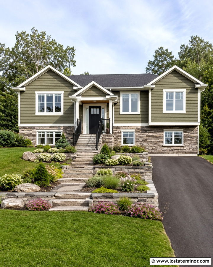 Olive Green Split Level With Terraced Beds - 30 Olive Green House Design With Landscaping Ideas