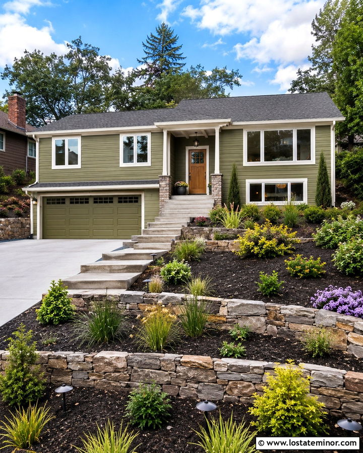 Olive Green Split Level With Tiered Planting Beds - 30 Olive Green House Design With Front Yard Ideas