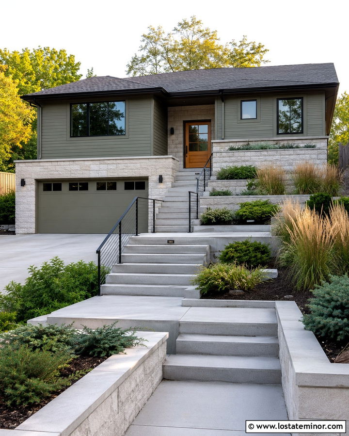 Olive Green Split Level With Tiered Steps - 30 Olive Green House Design With Steps Ideas