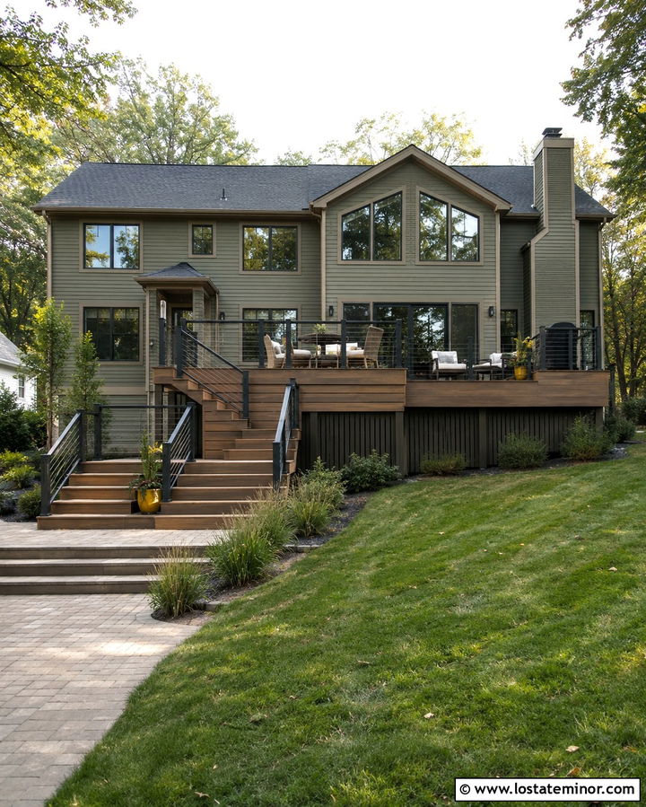 Olive Green Split Level With Two Tier Deck - 30 Olive Green House Design With Deck Ideas