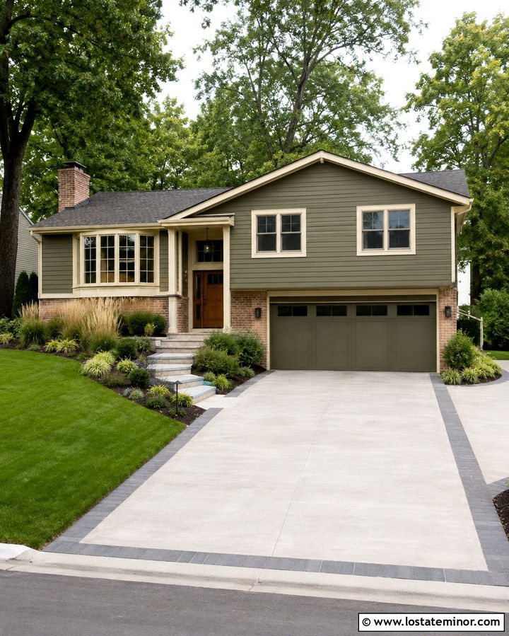 Olive Green Split Level With Widened Driveway - 30 Olive Green House Design With Driveway Ideas