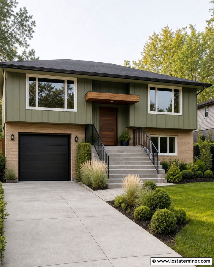 Olive Green Split Level With Wood Awning - 30 Olive Green House Design With Awning Ideas