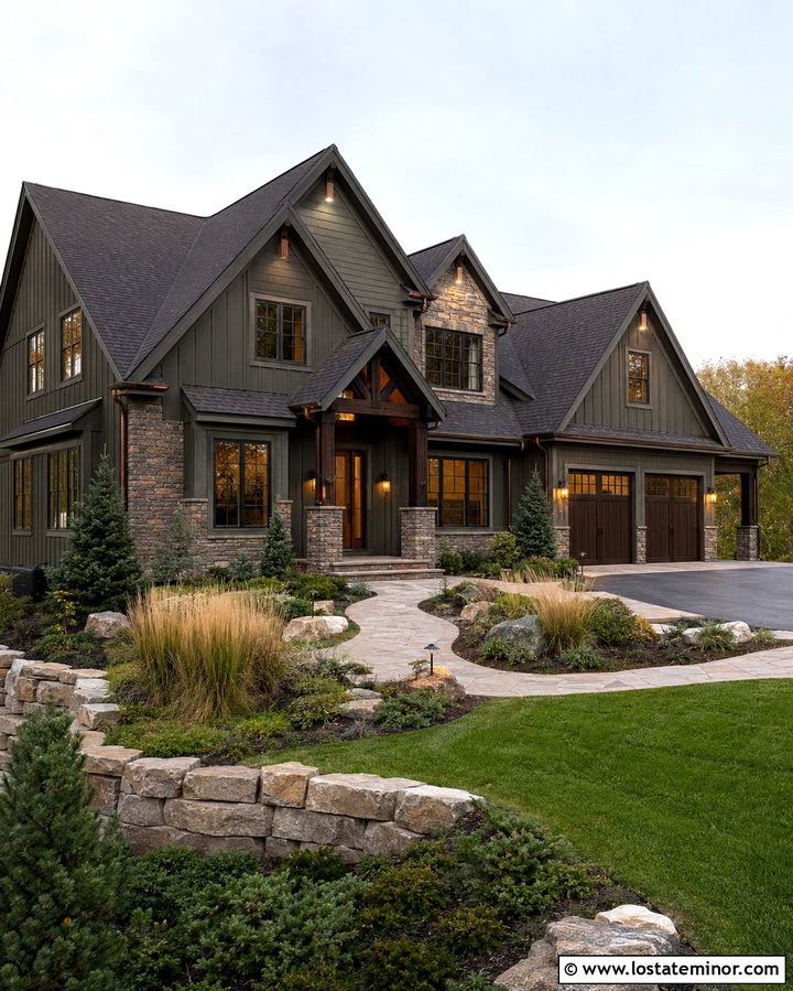 Olive Green Stone House With Bronze Uplights - 30 Olive Green House Design With Light Fixtures Ideas