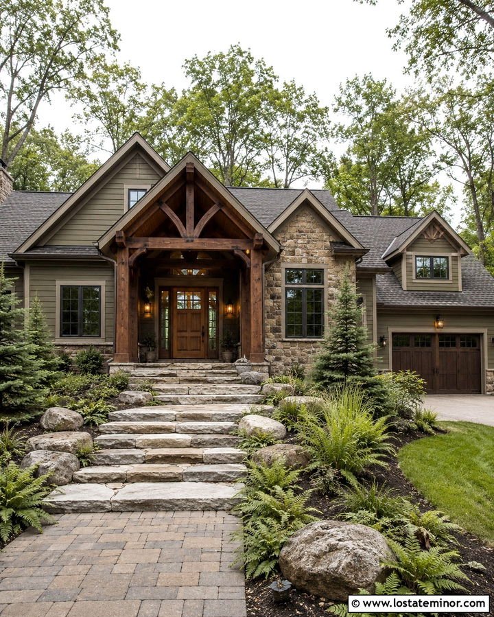 Olive Green Stone House With Wood Portico - 30 Olive Green House Design With Portico Ideas