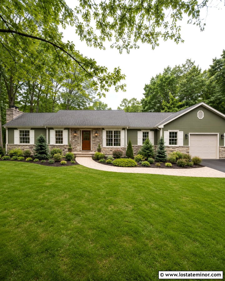 Olive Green Stone Ranch With White Shutters - 30 Olive Green House Design With Shutters Ideas