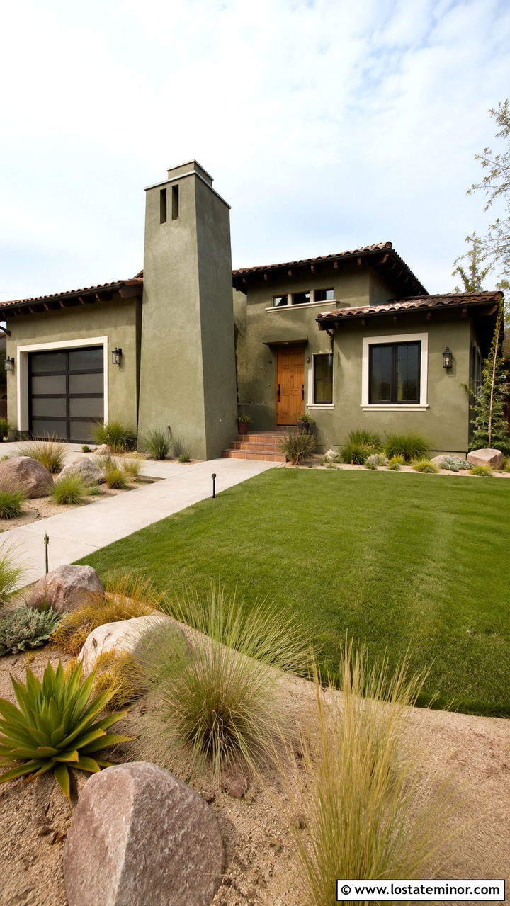 Olive Green Stucco House With Adobe Chimney - 30 Olive Green House Design With Chimney Ideas