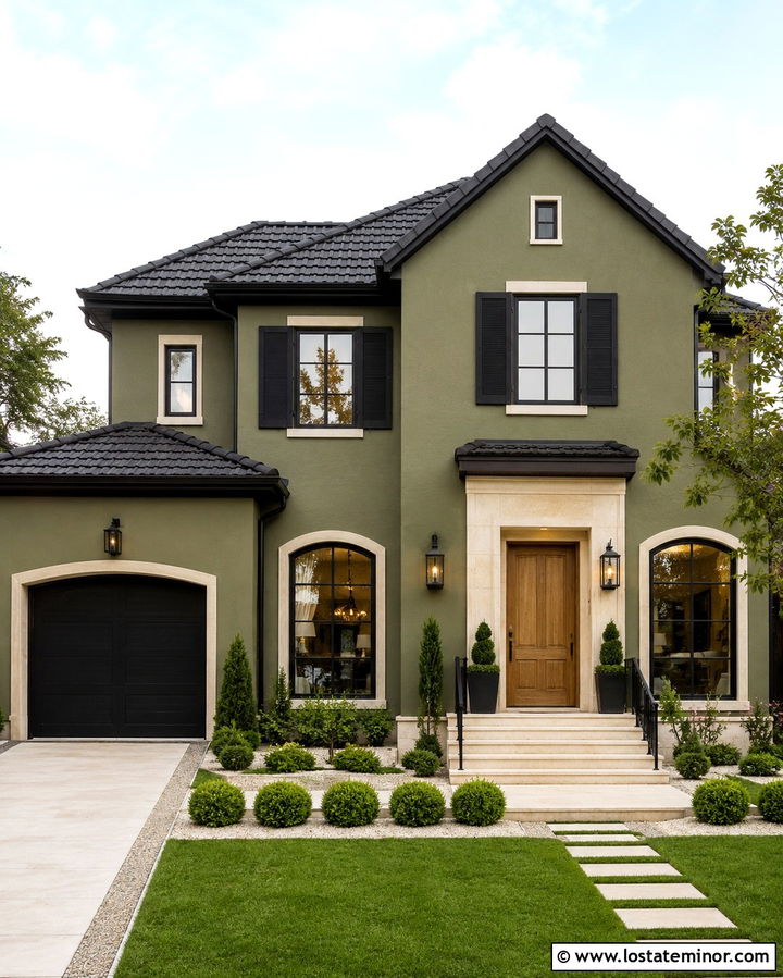 Olive Green Stucco House With Black Shutters - 30 Olive Green House Design With Shutters Ideas