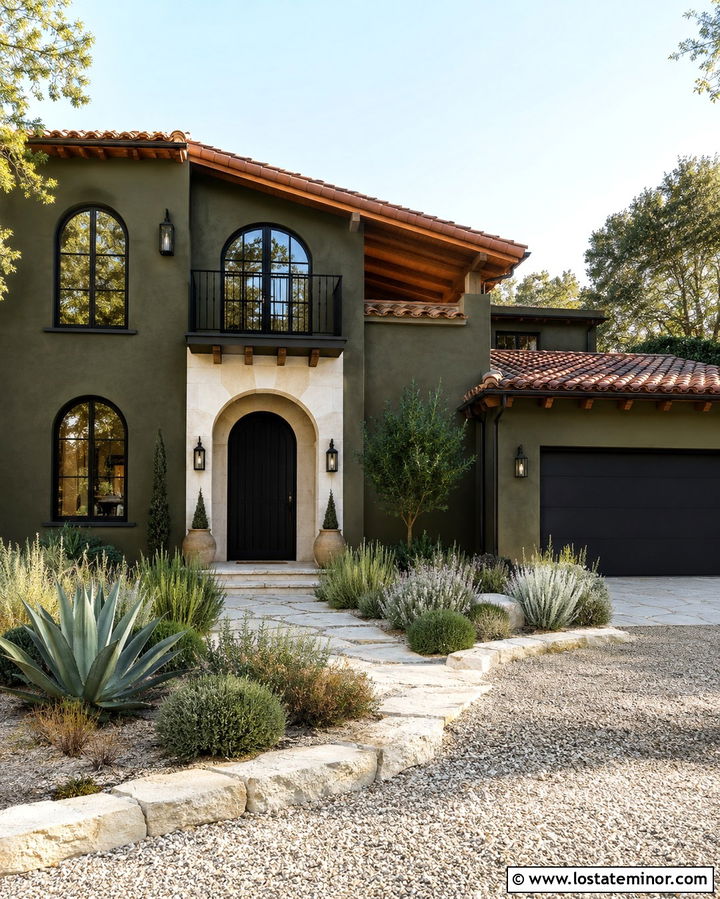 Olive Green Stucco House With Black Window Frames - 30 Olive Green House Design With Window Frames Ideas