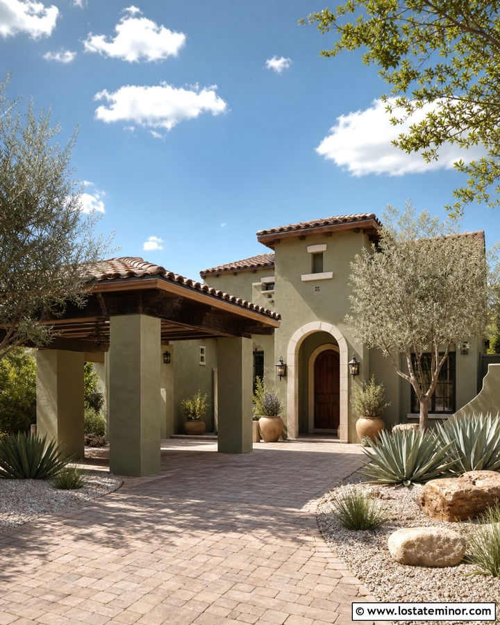 Olive Green Stucco House With Carport - 30 Olive Green House Design With Carport Ideas