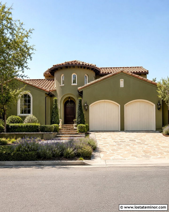 Olive Green Stucco House With Cream Garage Door - 30 Olive Green House Design With Garage Door Ideas