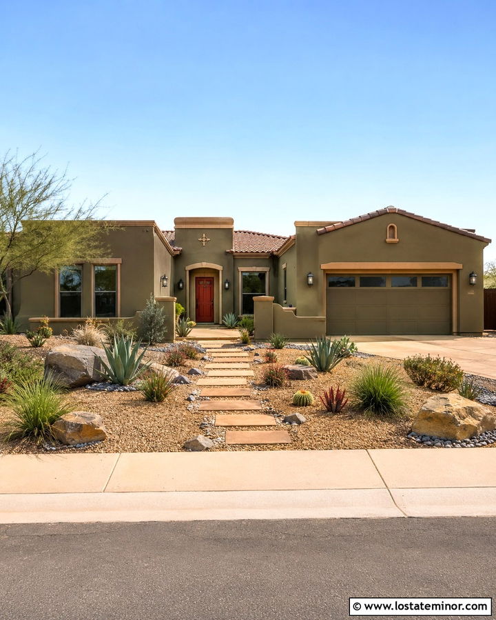 Olive Green Stucco House With Desert Plants - 30 Olive Green House Design With Landscaping Ideas