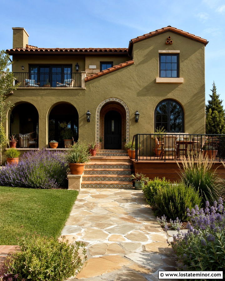 Olive Green Stucco House With Terracotta Deck Accents - 30 Olive Green House Design With Deck Ideas